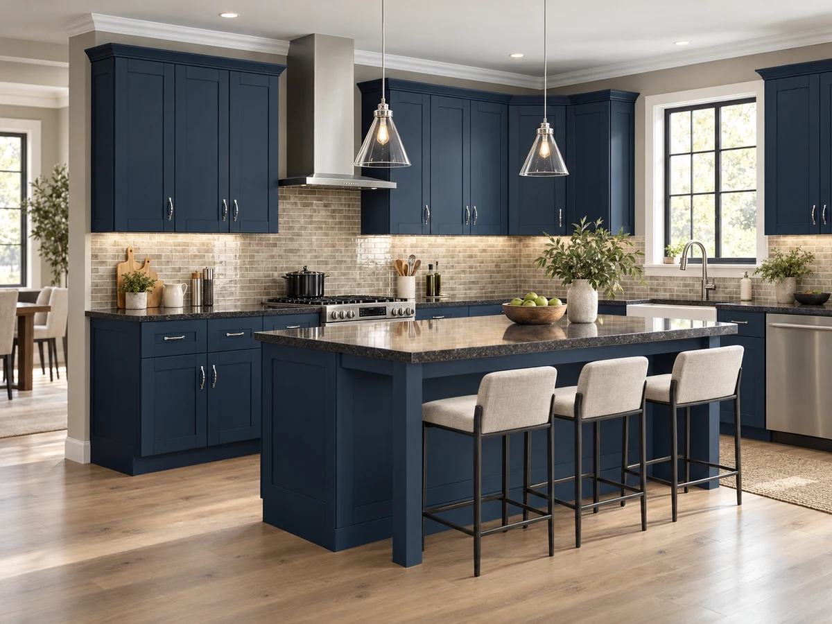 Deep blue Shaker cabinets and a matching island in a sunlit American kitchen