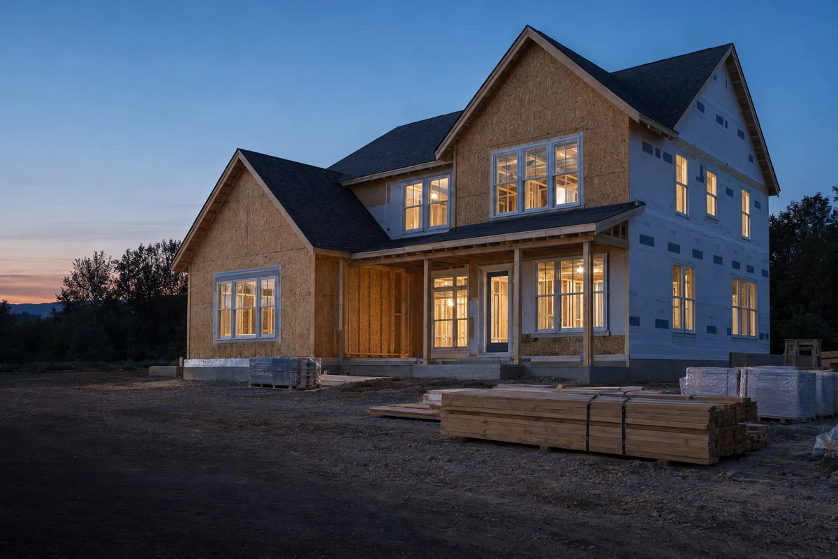An American gabled house under construction at dusk with neatly stacked lumber and material pallets