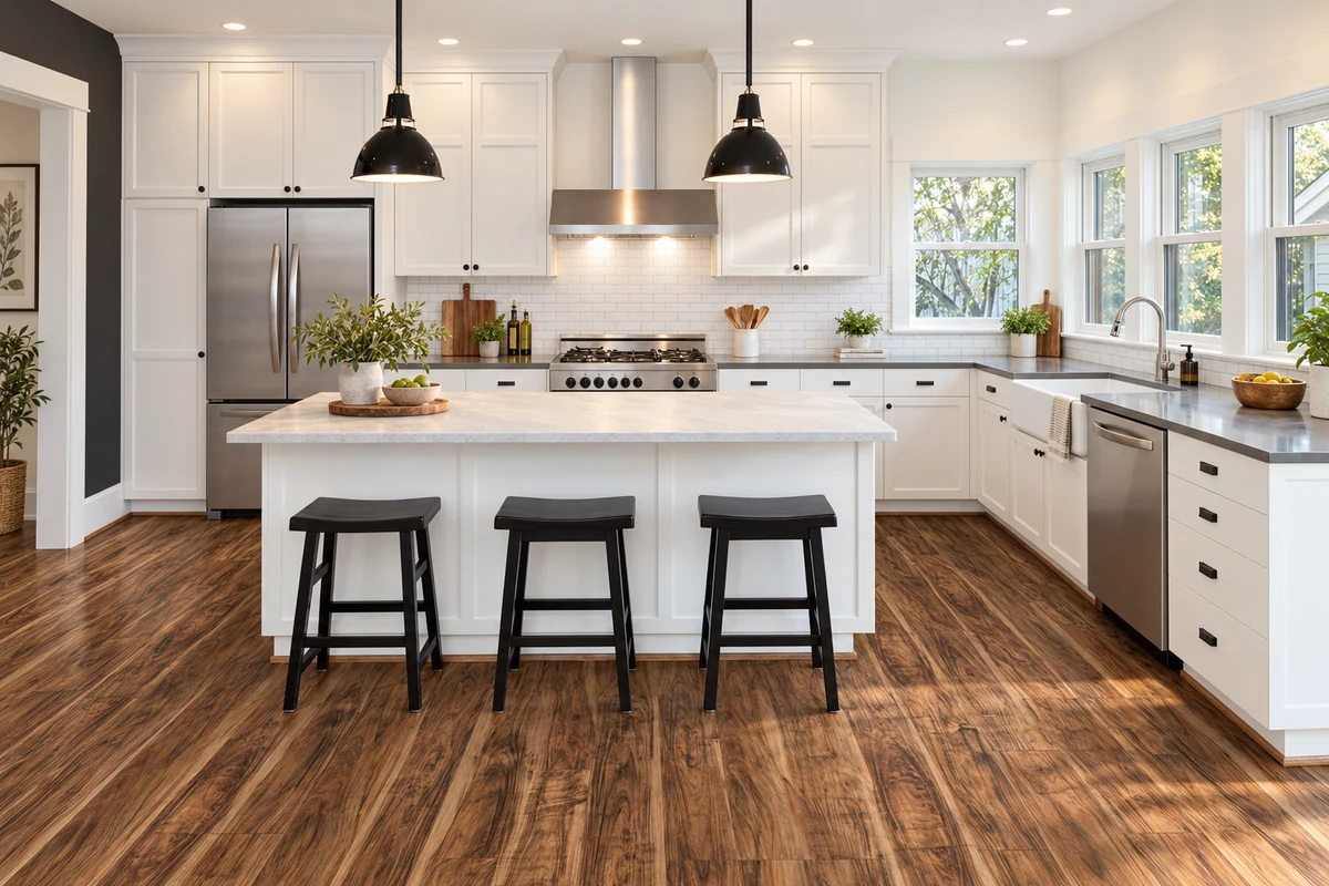 A white kitchen with shaker cabinets, a subway tile backsplash, an island with three stools and walnut-look vinyl plank flooring
